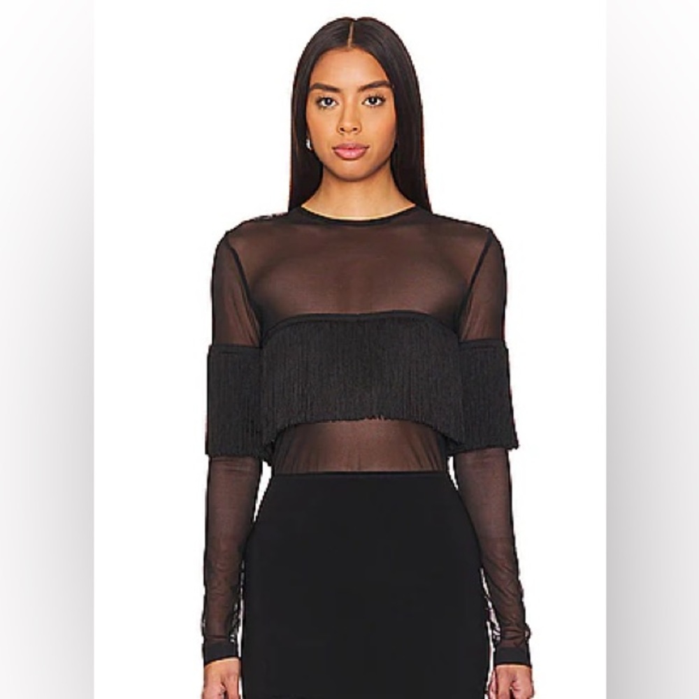NWT Norma Kamali Long Sleeve Crewneck Fringe Top Black women’s medium event